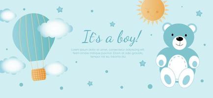 bebis dusch horisontell baner med blå Björn, moln, stjärnor, Sol och ballong på blå bakgrund. den s en pojke. vektor