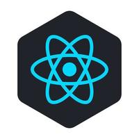 blå atom ikon i en svart hexagon vektor