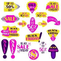 ljus svart fredag klistermärken, svart fredag rabatter, försäljning, handla, klistermärken för reklam försäljning och pris minskning vektor