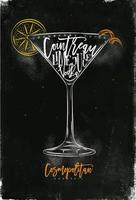 kosmopolitische Cocktailbeschriftung Cranberrysaft, Cointreau, Wodka, Limette in der grafischen Zeichnung der Weinleseart mit Kreide und Kreide auf Tafelhintergrund vektor