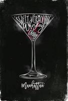 manhattan cocktail bokstäver angostura, söt vermut, whisky, körsbär i vintage grafisk stil ritning med krita och färg på svarta tavlan bakgrund vektor
