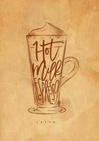 Kaffee Latté Tasse Beschriftung Schaum, heiß Milch, Espresso im Jahrgang Grafik Stil Zeichnung mit Kunst vektor
