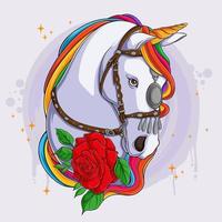 Söt enhörning häst huvud fantasi karaktär med röd blommor och färgad frisyr vektor