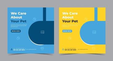 vi bryr oss om ditt husdjur affisch, husdjur vård sociala medier inlägg och flygblad vektor