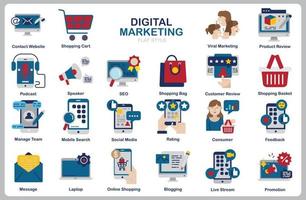 digitales Marketing-Symbolsatz für Website, Dokument, Plakatgestaltung, Druck, Anwendung. flacher Stil der Ikone des digitalen Marketingkonzepts. vektor