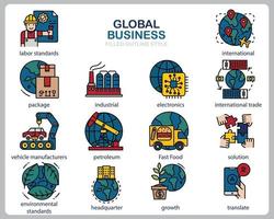 Global Business Icon Set für Website, Dokument, Poster Design, Druck, Anwendung. Globales Geschäftskonzept Symbol gefüllt Gliederungsstil. vektor