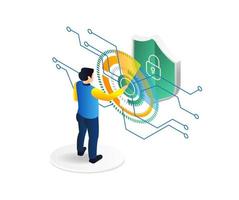 isometrisk platt 3d illustration begrepp av man tryckande en digital omvandling säkerhet knapp vektor