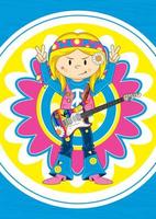 Karikatur sechziger Jahre Hippie Mädchen mit elektrisch Gitarre vektor