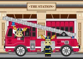 tecknad serie giraff brandmän och brand motor på station vektor