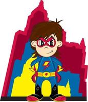 tecknad serie heroisk- superhjälte karaktär och skyskrapor vektor