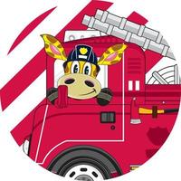 süß Karikatur Giraffe Feuerwehrmann und Feuer Motor vektor