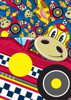 Karikatur Giraffe Rennen Treiber im Sport Auto auf gemustert Hintergrund vektor