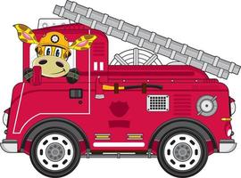 söt tecknad serie giraff brandmän och brand motor vektor