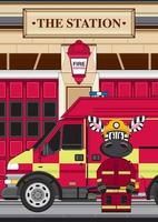süß Karikatur Zebra Feuerwehrmann und Feuer Motor beim Bahnhof vektor