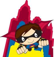 tecknad serie heroisk- superhjälte karaktär och skyskrapor vektor
