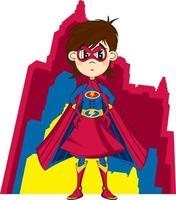 tecknad serie heroisk- superhjälte flicka och skyskrapor vektor