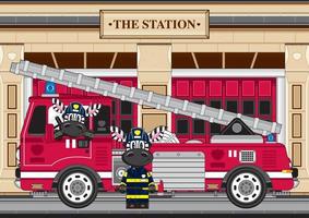 Karikatur Zebra Feuerwehrmann und Feuer Motor beim Bahnhof vektor