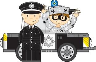süß Karikatur Polizist mit Räuber im Polizei Auto vektor