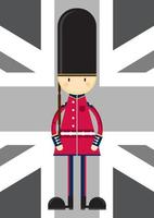 Karikatur britisch Beefeater königlich bewachen auf Union Jack Flagge vektor