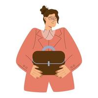 Geschäft Konzept Vektor Illustration. Arbeit Konzept. ein Frau mit ein Tasche im ein Anzug.
