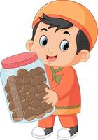 en muslim pojke är Lycklig till föra en stor burk fylld med choklad kaka vektor
