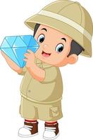 ett äventyrlig pojke är förtjust till hitta en stor diamant vektor