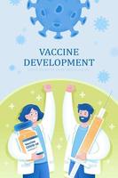 vetenskapsmän i vit täcka innehav vaccin flaska och spruta. begrepp av stridande de virus och vaccination mot covid19. vektor
