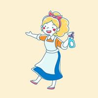 Frau Karikatur Charakter halten sprühen Reiniger Flasche isoliert auf Beige Hintergrund, süß Mädchen tun Hausarbeit mit sprühen vektor