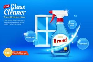 Glas Reiniger Anzeige Vorlage im 3d Illustration, sprühen Flasche mit mehrere Luftblasen und Fenster auf Blau Hintergrund. vektor