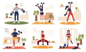 Sammlung von Zuhause Fitnessstudio trainieren während das covid Abriegelung. eben Stil Illustration von vielfältig Menschen tun Übung drinnen mit Hanteln Gewichte. vektor