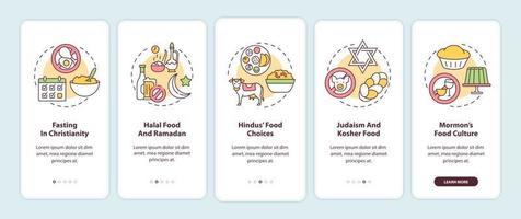 Lebensmittelauswahl in verschiedenen Religionen Onboarding Mobile App Seite Bildschirm mit Konzepten vektor