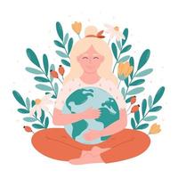 Frau umarmen Erde Globus. Erde Tag, Speichern Planet, Natur schützen, ökologisch Bewusstsein. glücklich Erde Tag. vektor