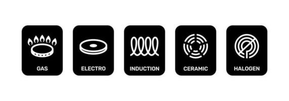 svart ikon uppsättning elektro, gas, induktion, keramisk och halogen matlagning.eps vektor