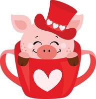 bezaubernd Schwein mit rot Hut Innerhalb das rot Teetasse vektor