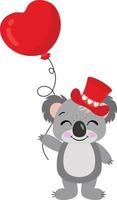 söt koala med röd hatt innehav en hjärta ballong vektor