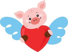 süß Schwein halten ein rot Herz mit Flügel vektor
