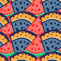 hand dragen vattenmelon skivor sömlös mönster. rolig frukt bakgrund. vektor