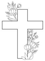 Ostern, Christus ist auferstanden. Postkarte - großes Kreuz, verschlungen mit einem Blumenstrauß aus Blüten, Knospen und Blättern mit Tautropfen. Vektor. Ornament, schwarze Linie, Umriss. für Druck, Dekor und Design vektor