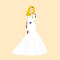 elegant Braut im schön Kleid. Stehen und posieren. skizzieren schlank Silhouette von Frau, Linie Kunstwerk zum Einladung oder Banner. Vektor Zeichnung. Hochzeit Outfit