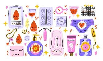 bleibe Zuhause Sammlung, drinnen Aktivitäten, Konzept von Komfort und Gemütlichkeit, einstellen von isoliert Vektor Illustrationen, skandinavisch Hygge Stil, Isolierung Zeitraum beim heim. Menstruation Hilfe Kit Witz Zitate