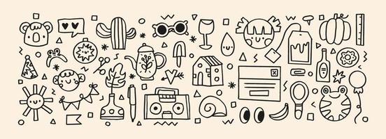 söt barnslig linjär ljus illustration. vektor baby.doodle koala, pojke, Sol, glas, kaktusar, radio, blomma, vattenkokare. perfekt för omslag papper, utskrift på de tyg, design paket och omslag för unge