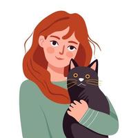 glücklich Frau halten Katze. Haustier Eigentum, Haustier Elternteil. glücklich miauen Jahr und Katzen Tag. adoptieren Katzen und machen Sie glücklich. Vektor Illustration.