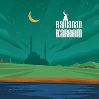 ramadan kareem hälsning by med moské i de natt vektor illustration