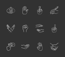 handgester krita vita ikoner på svart bakgrund vektor