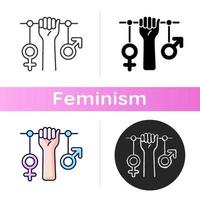 Feminismus-Ikone. soziale Gerechtigkeit schaffen. Erweiterung Frauenrechte. Hand erhoben. Kampf für die Rechte der Frau. Gleichstellung der Rechte. lineare Schwarz- und RGB-Farbstile. isolierte Vektorillustrationen vektor