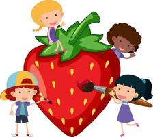 Erdbeere mit vielen Kinderzeichentrickfigur isoliert vektor