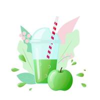 grön smoothie i en glas med en sugrör och en grön äpple. vektor illustration.