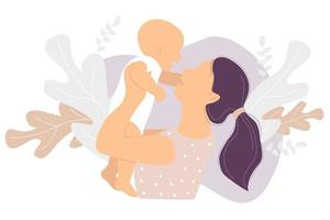 moderskap. glad kvinna och ett litet barn i armarna mot bakgrunden av en tropisk inredning av löv och växter. vektor illustration. koncept - nytt liv och lycklig mamma och baby. platt illustration