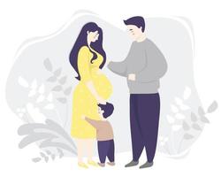 moderskap. glad gravid kvinna i full tillväxt i en gul klänning, kramar försiktigt magen. bredvid henne är familjen - son och man. grå dekorativ bakgrund med växter. vektor illustration