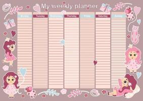 min veckoplanerare. söta vecko- och dagschema med vackra tjejprinsessor, leksaker, enhörning, katt, löv och blommor på rosa bakgrund. kvinnors brevpapper för planering och schemaläggning. vektor
